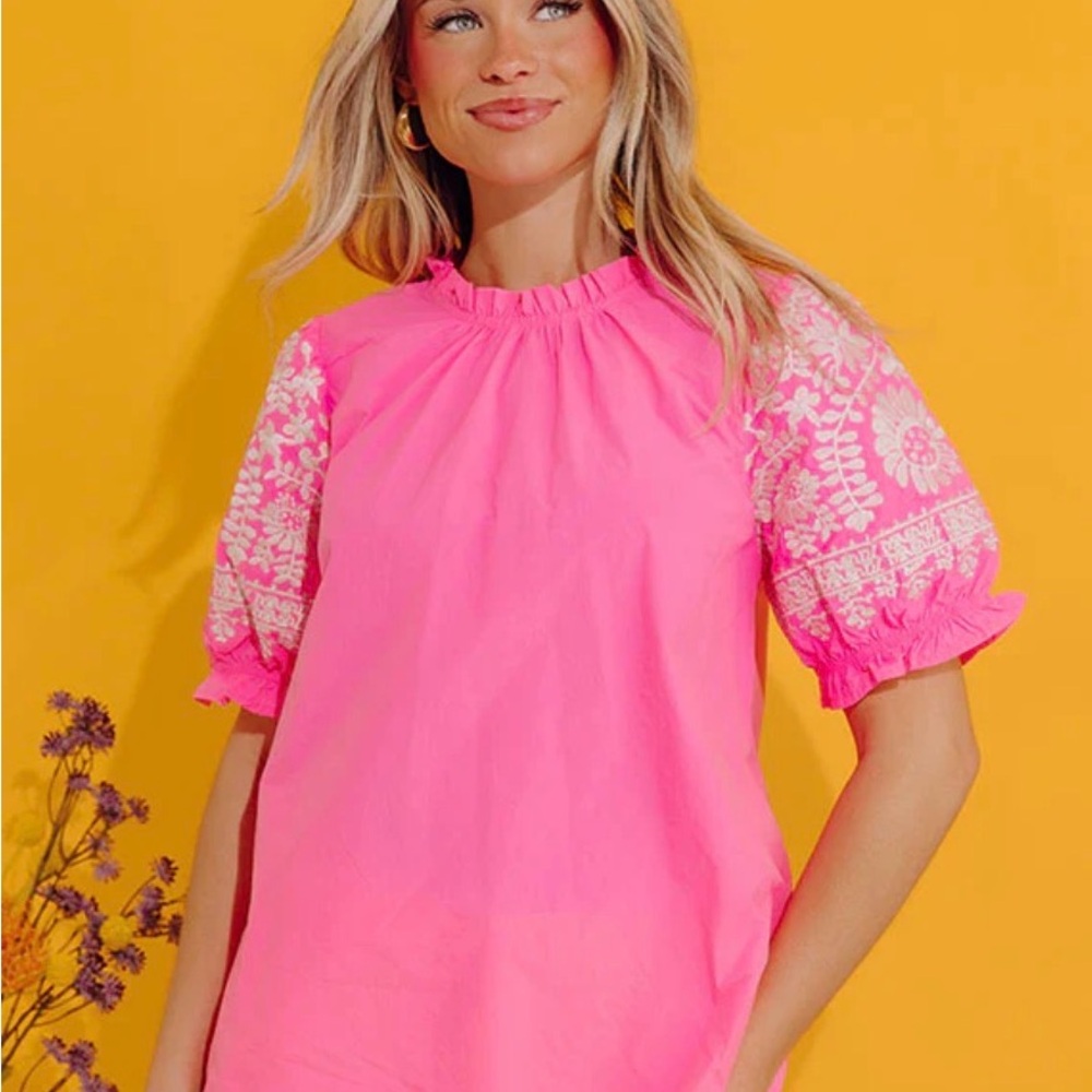 Hot Pink Embroidered Puff-Sleeve Blouse - Picture 9 of 10